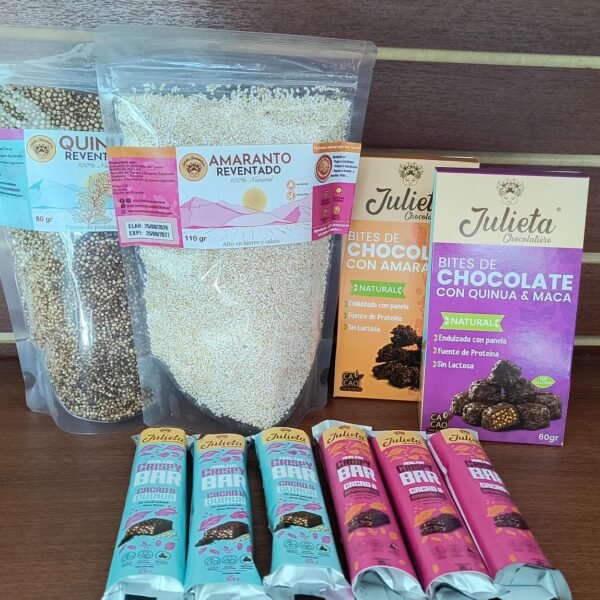 Combo económico de Julieta Chocolatière: bites, barras crispy y superalimentos reventados